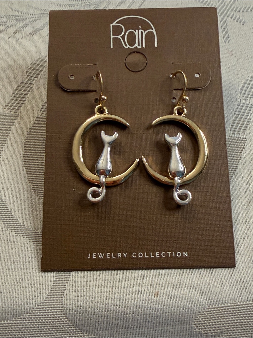 Rain Two-Tone Cat on Crescent Moon Drop Earrings - Gold & Silver